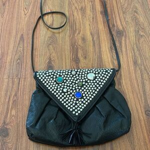 80s vintage MEYERS USA handbag studs jeweled genuine leather long strap Crossbod
